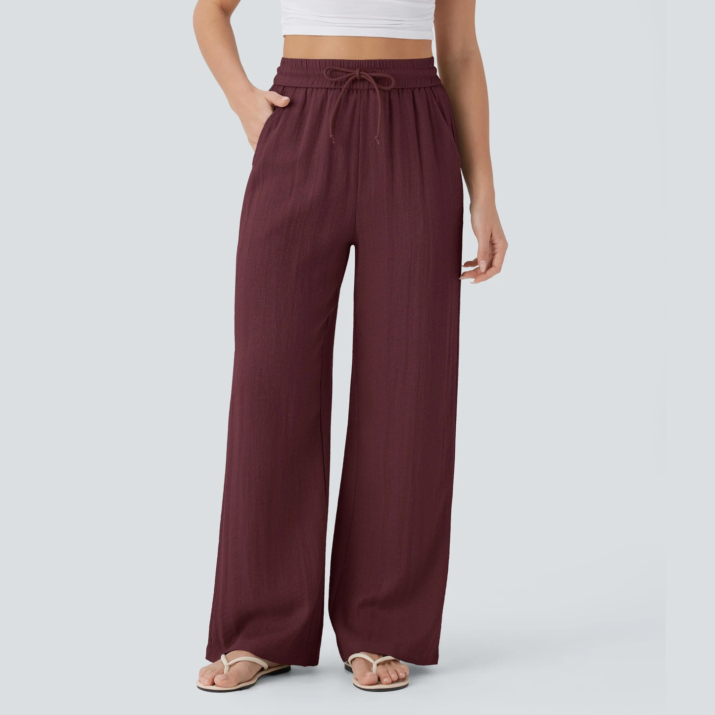 High Waisted Drawstring Pocket Wide Leg Baggy Casual Linen-Feel Pants