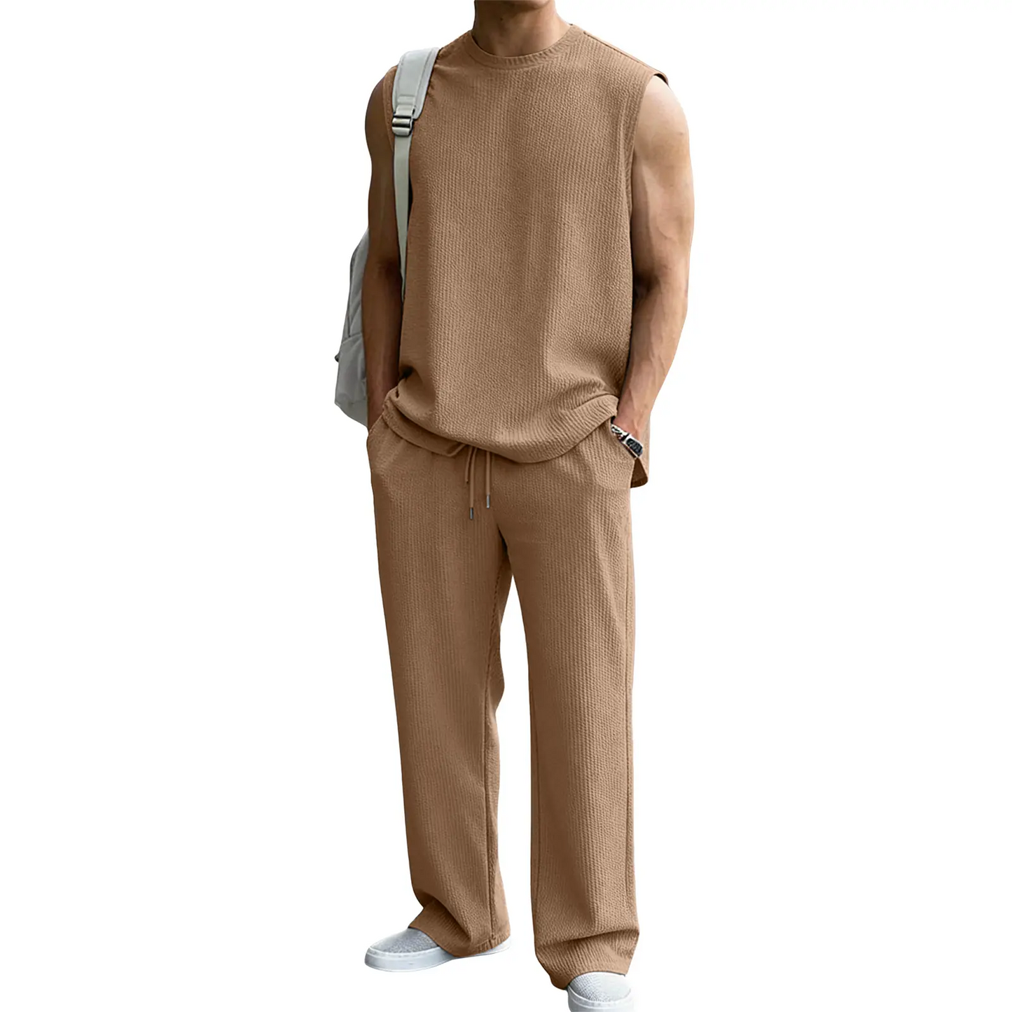 🔥 Limited-Time Sale ✨ Men’s 2-Piece Rib Knit Set | Sleeveless Tank + Wide Leg Pants 🌴