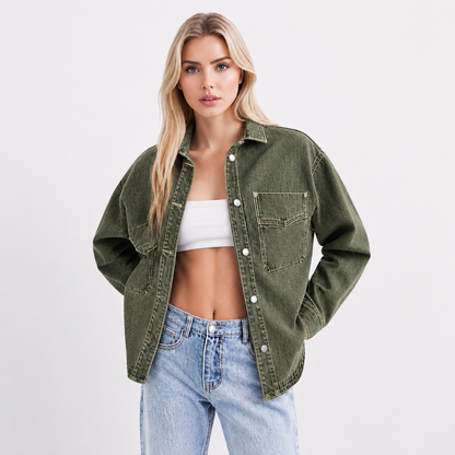 Women’s Oversized Denim Shacket Washed Denim Jacket Button Front Casual Long Sleeve Layering Outerwear