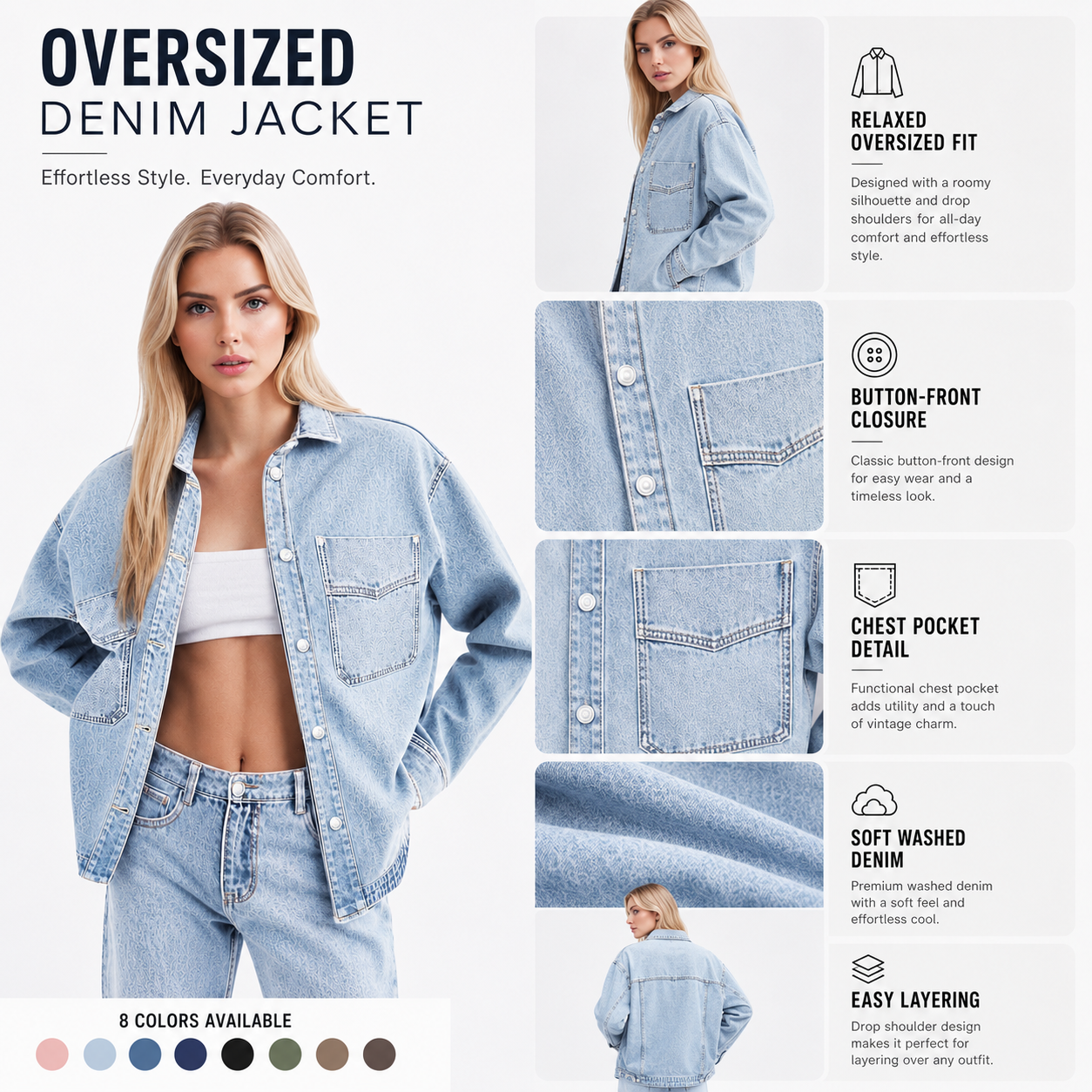 Women’s Oversized Denim Shacket Washed Denim Jacket Button Front Casual Long Sleeve Layering Outerwear