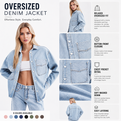 Women’s Oversized Denim Shacket Washed Denim Jacket Button Front Casual Long Sleeve Layering Outerwear