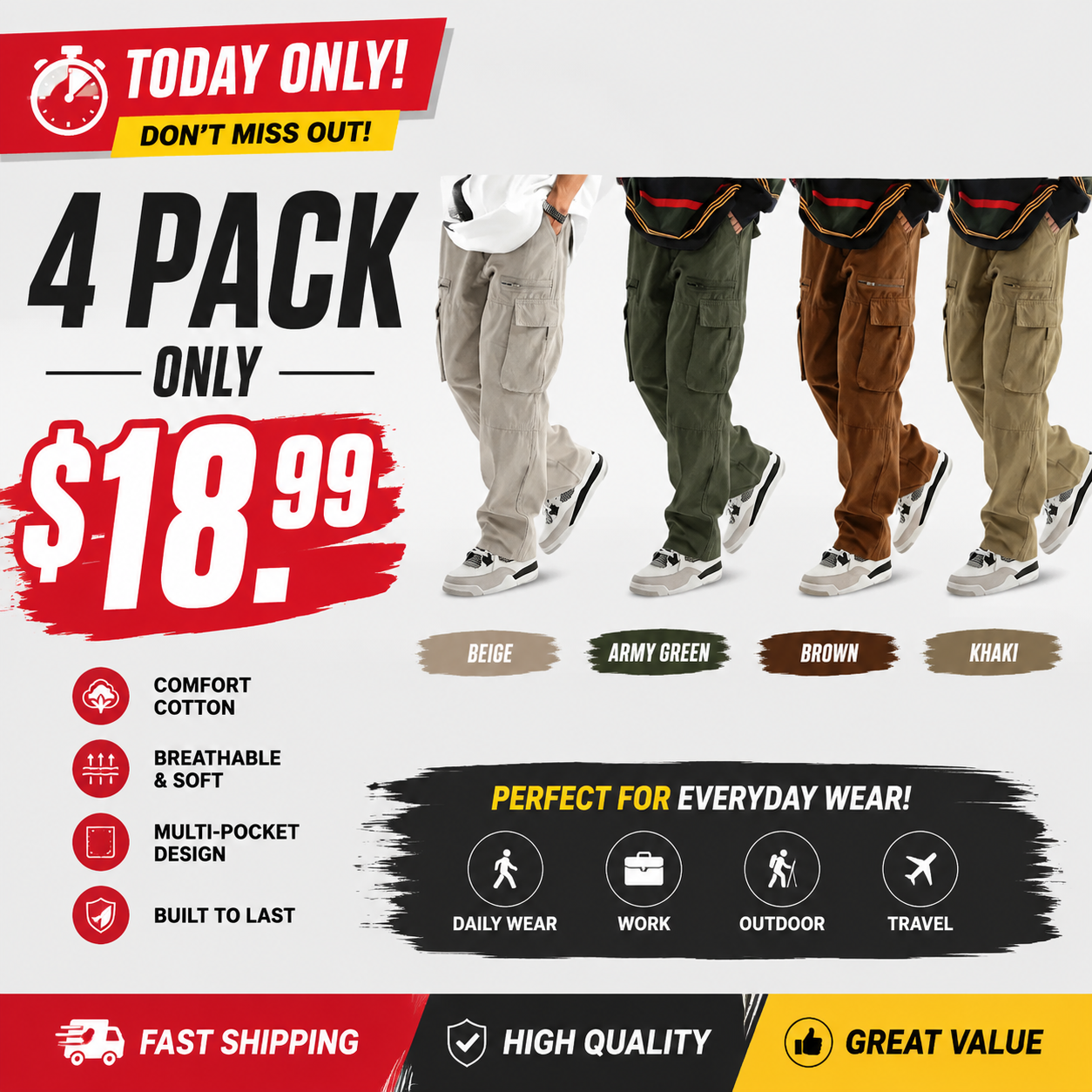 Unisex Loose Fit Cargo Pants Multi Pocket Adjustable Waist Casual Trousers