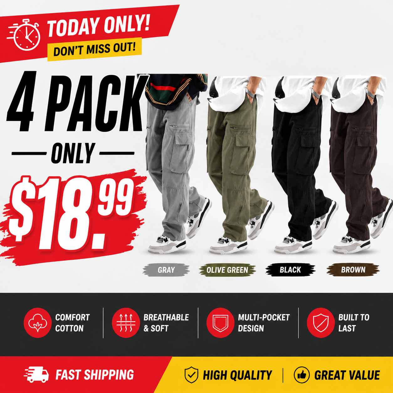 Unisex Loose Fit Cargo Pants Multi Pocket Adjustable Waist Casual Trousers
