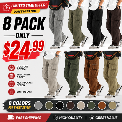 Unisex Loose Fit Cargo Pants Multi Pocket Adjustable Waist Casual Trousers
