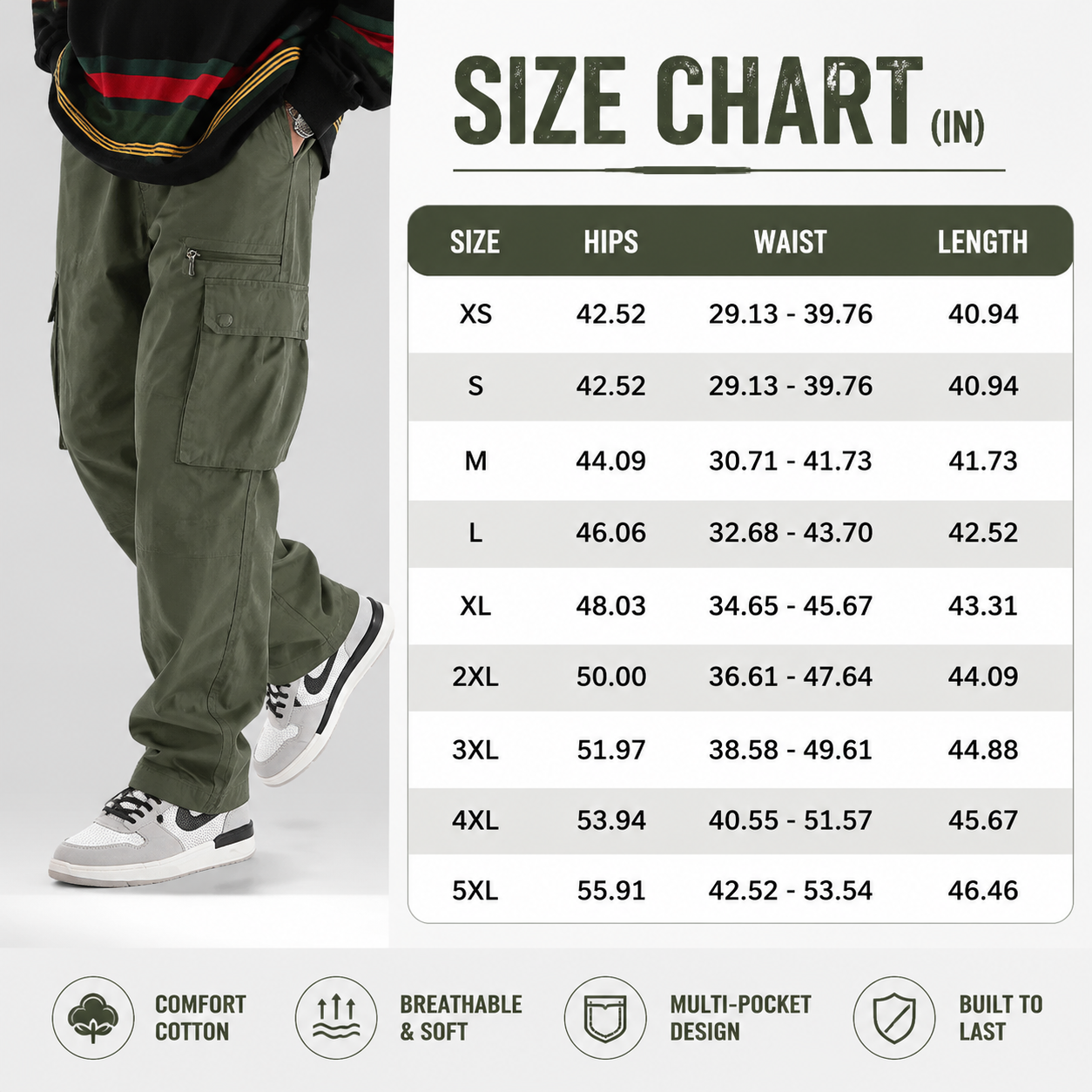 Unisex Loose Fit Cargo Pants Multi Pocket Adjustable Waist Casual Trousers