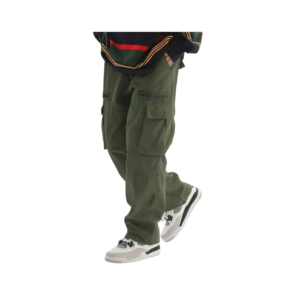 Unisex Loose Fit Cargo Pants Multi Pocket Adjustable Waist Casual Trousers