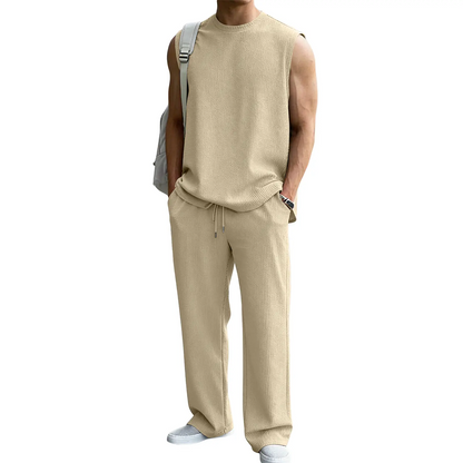 🔥 Limited-Time Sale ✨ Men’s 2-Piece Rib Knit Set | Sleeveless Tank + Wide Leg Pants 🌴