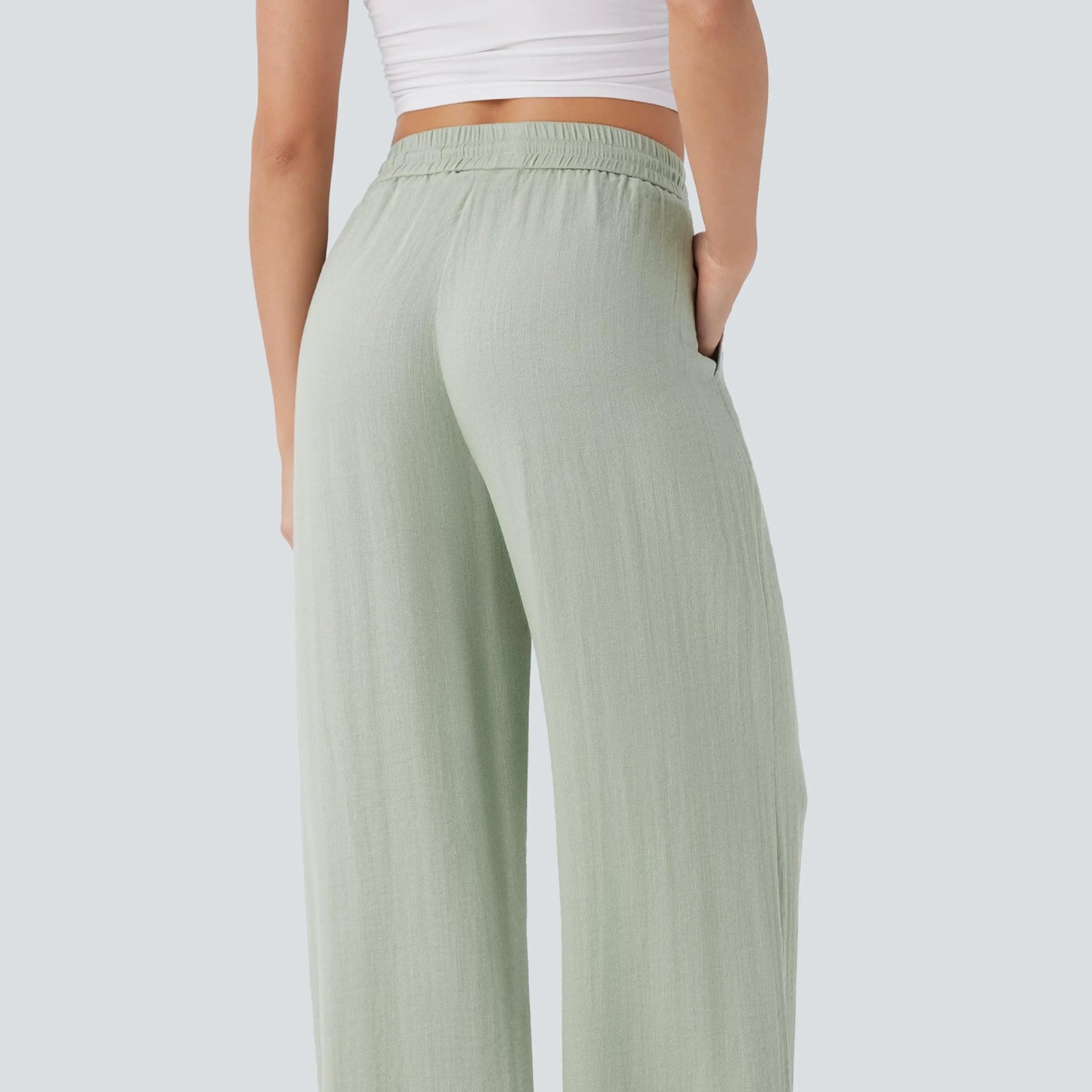 High Waisted Drawstring Pocket Wide Leg Baggy Casual Linen-Feel Pants