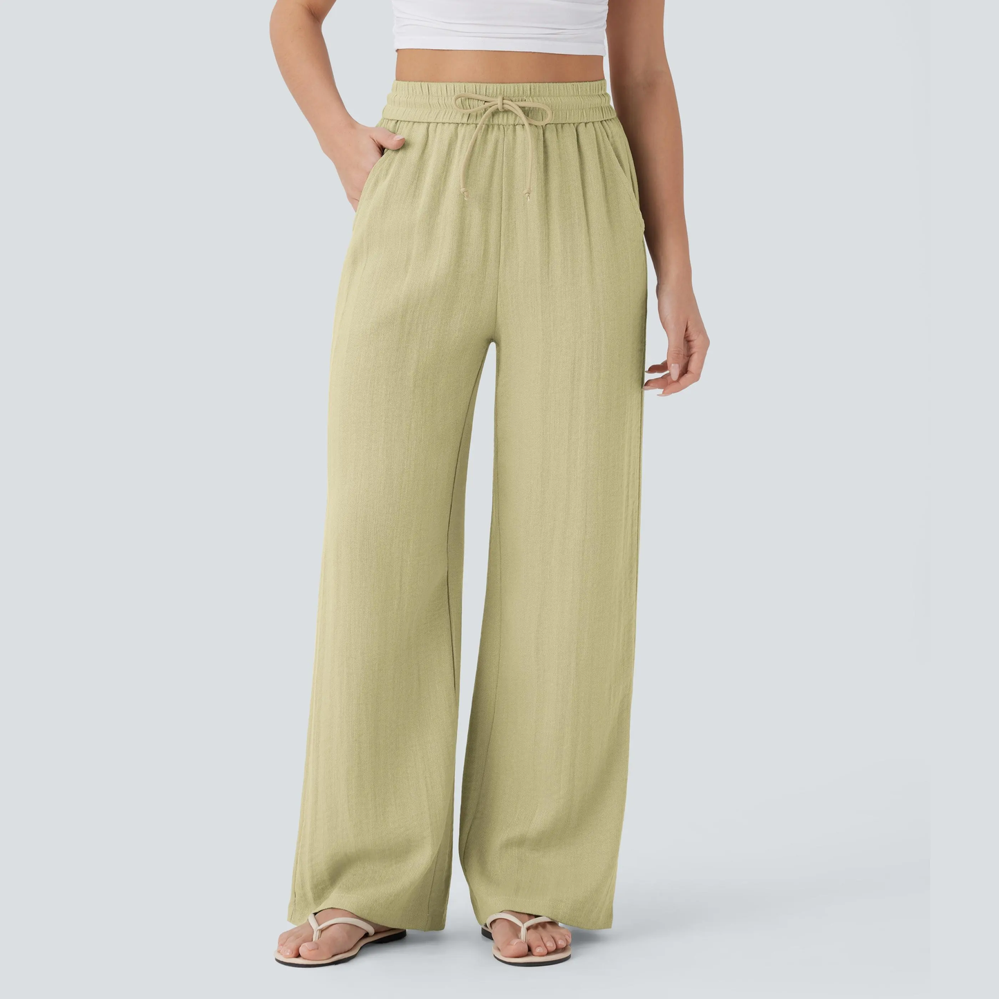 High Waisted Drawstring Pocket Wide Leg Baggy Casual Linen-Feel Pants