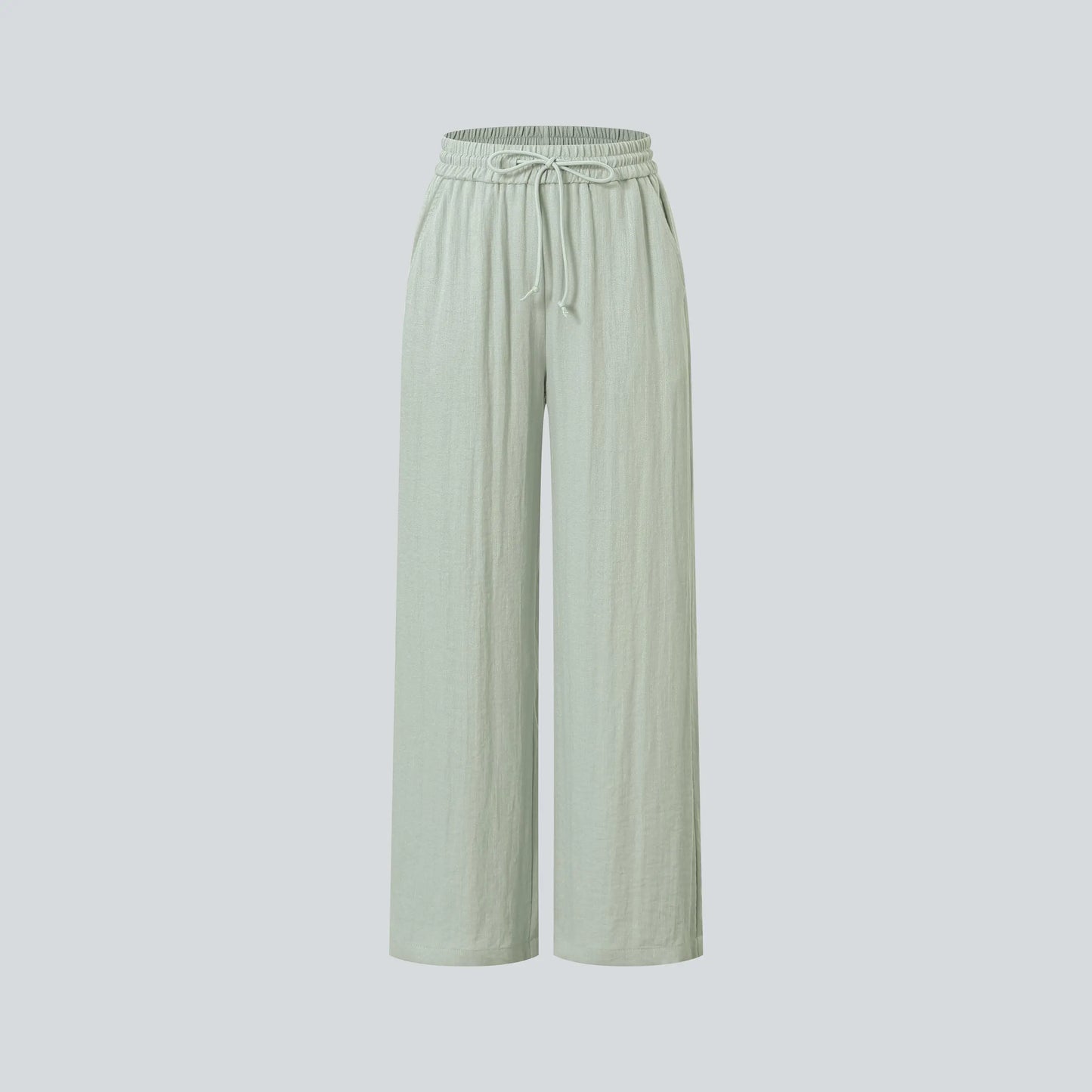 High Waisted Drawstring Pocket Wide Leg Baggy Casual Linen-Feel Pants