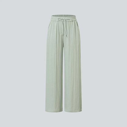 High Waisted Drawstring Pocket Wide Leg Baggy Casual Linen-Feel Pants