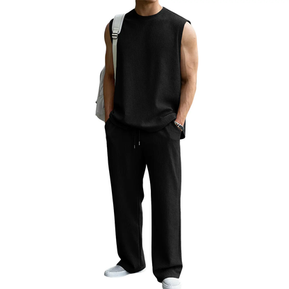 🔥 Limited-Time Sale ✨ Men’s 2-Piece Rib Knit Set | Sleeveless Tank + Wide Leg Pants 🌴
