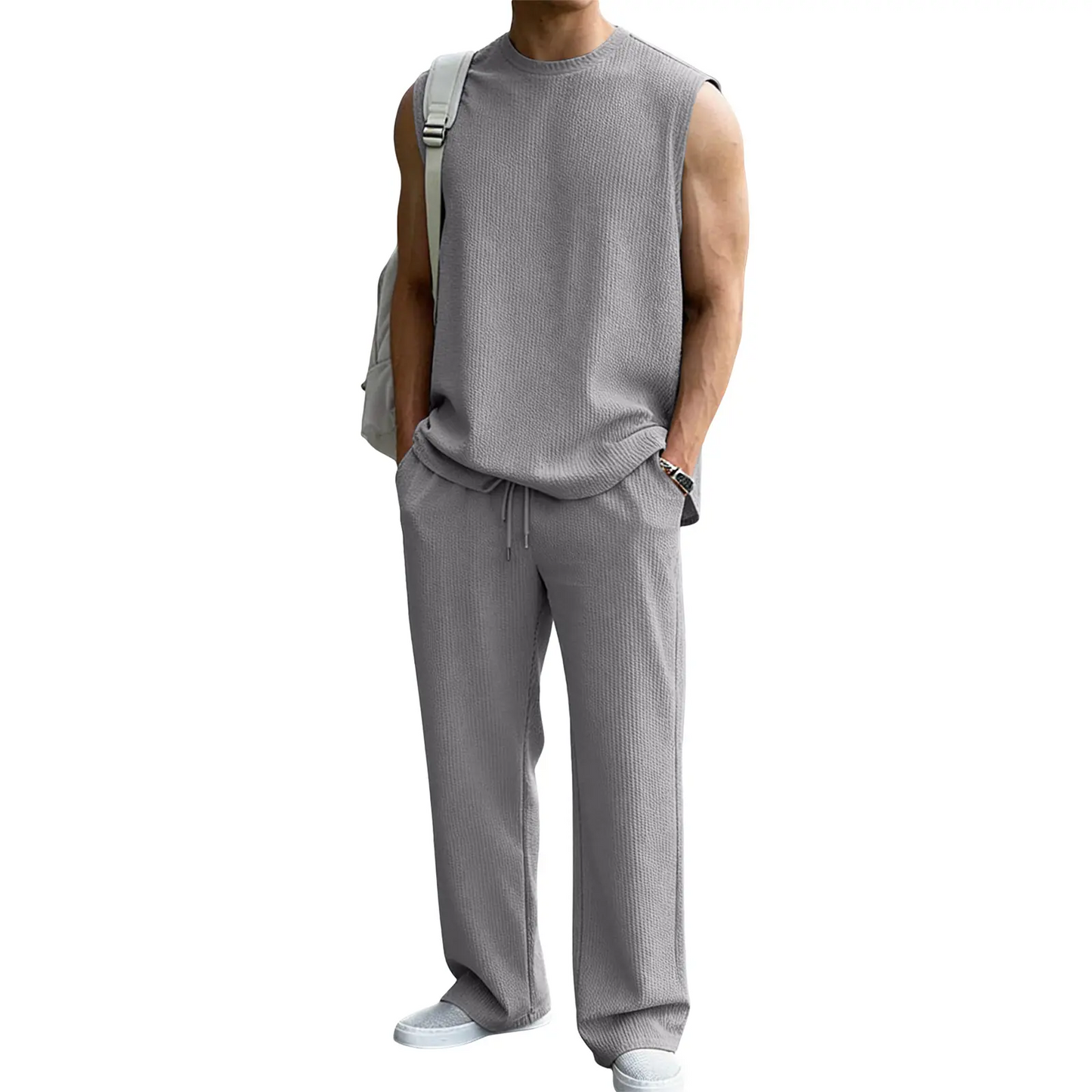 🔥 Limited-Time Sale ✨ Men’s 2-Piece Rib Knit Set | Sleeveless Tank + Wide Leg Pants 🌴