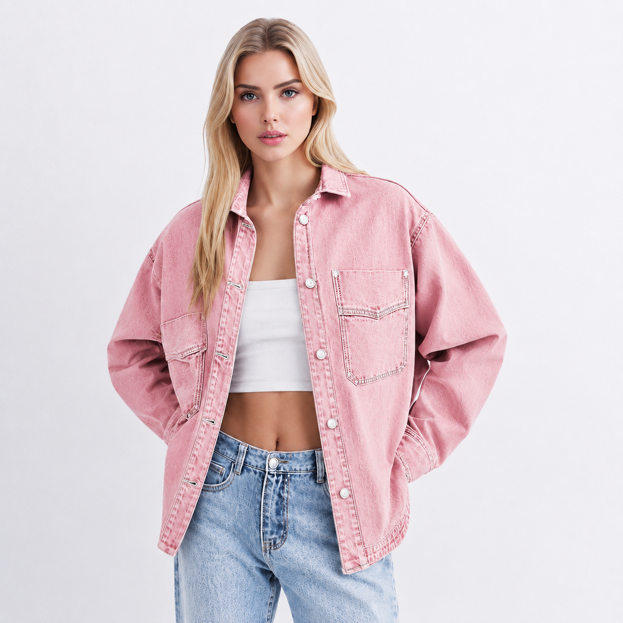 Women’s Oversized Denim Shacket Washed Denim Jacket Button Front Casual Long Sleeve Layering Outerwear