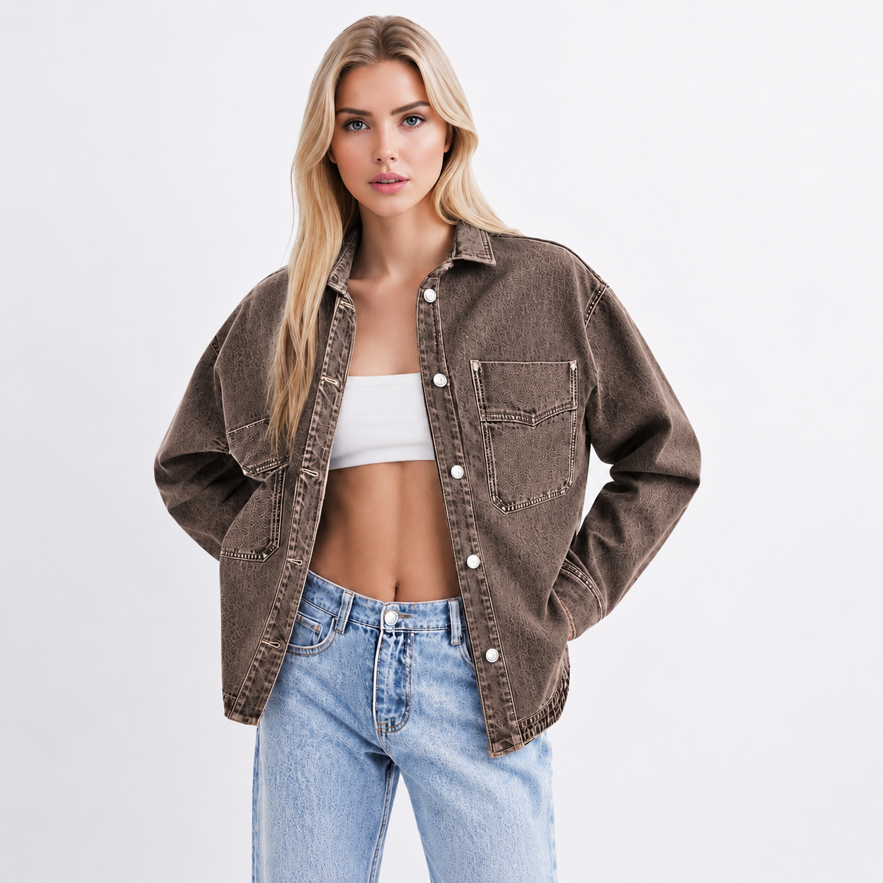 Women’s Oversized Denim Shacket Washed Denim Jacket Button Front Casual Long Sleeve Layering Outerwear